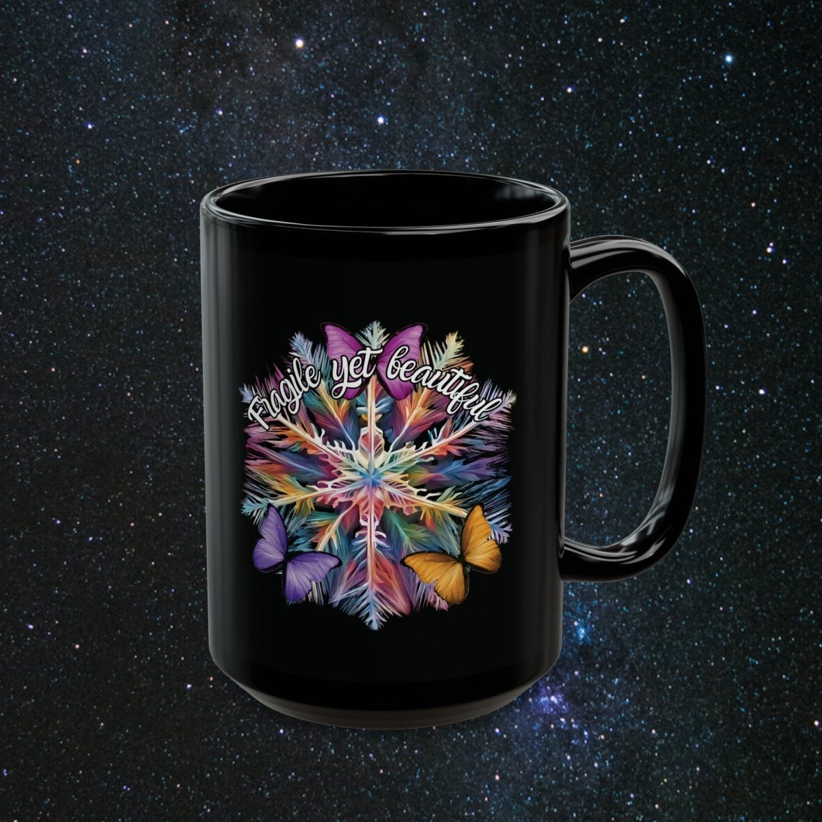 Fragile Yet Beautiful - Vibrant Snowflake Black Mug - MindLight Apparel - Fragile Yet Beautiful - Vibrant Snowflake Black Mug - 15oz - -