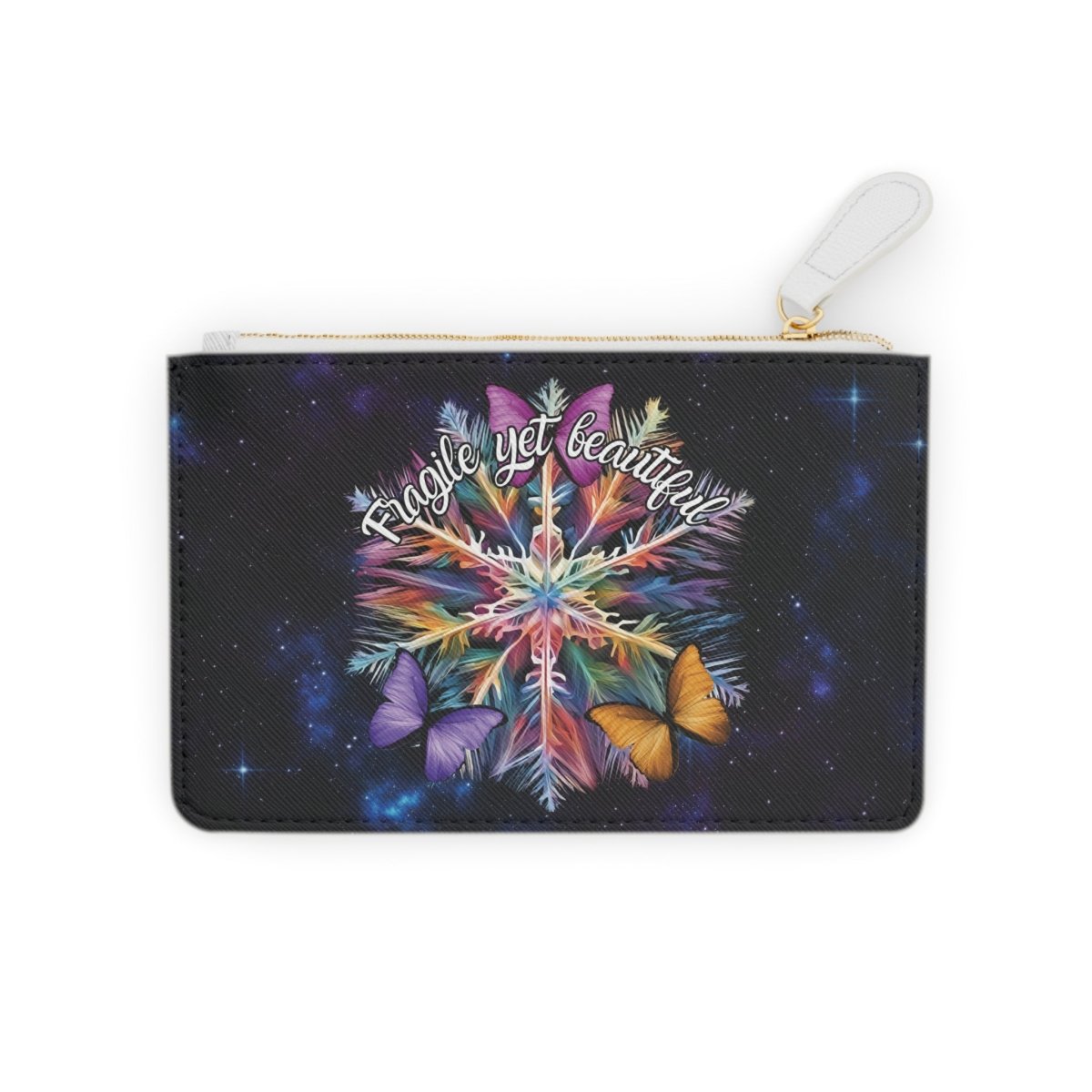 Fragile Yet Beautiful- Vibrant Snowflake Mini Clutch Bag - MindLight Apparel - Fragile Yet Beautiful- Vibrant Snowflake Mini Clutch Bag - 6.3” x 4” - White -