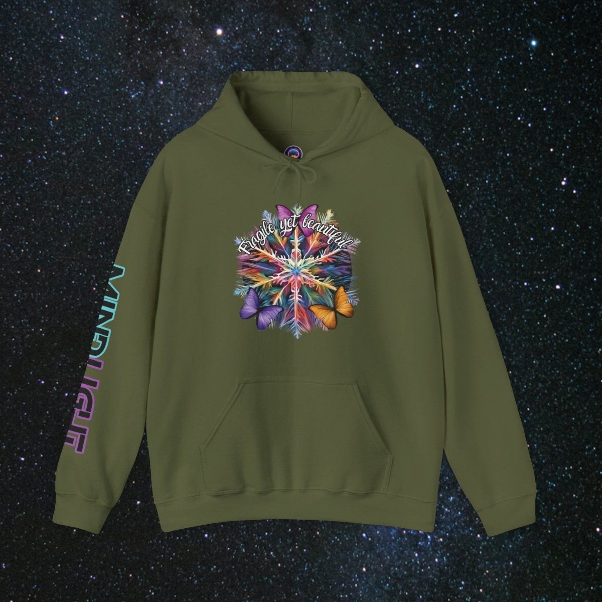 Fragile Yet Beautiful - Vibrant Snowflake Women's Pullover Hoodie - MindLight Apparel - Fragile Yet Beautiful - Vibrant Snowflake Women's Pullover Hoodie - Military Green - S -