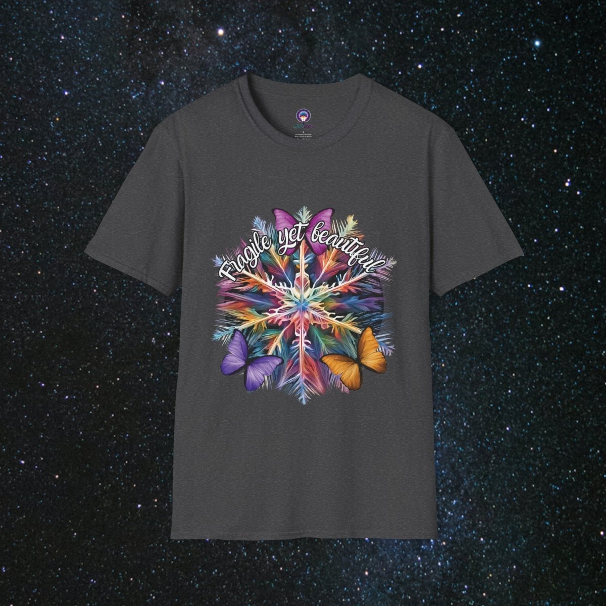 'Fragile Yet Beautiful' - Vibrant Snowflake - Women's Softstyle T-Shirt - MindLight Apparel - 'Fragile Yet Beautiful' - Vibrant Snowflake - Women's Softstyle T-Shirt - Dark Heather - XS -