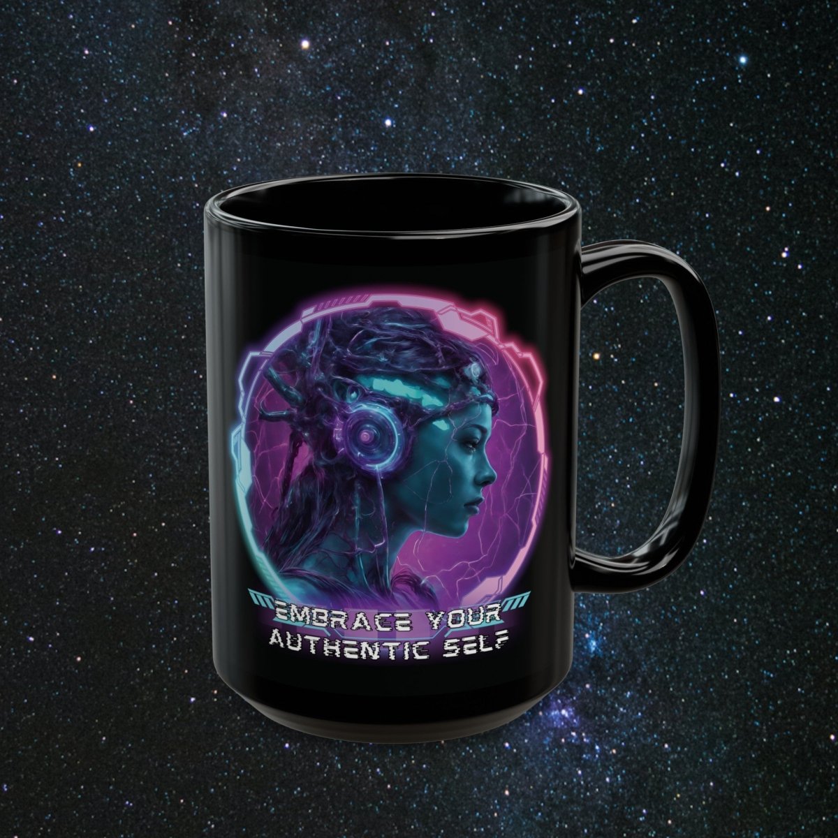 'Neon Goddess' Authentic Self - Black Mug - MindLight Apparel - 'Neon Goddess' Authentic Self - Black Mug - 15oz -