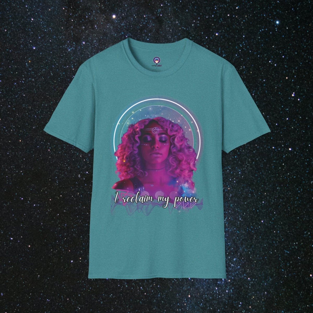'Neon Goddess' Reclamation - Softstyle Women's Tee - MindLight Apparel - 'Neon Goddess' Reclamation - Softstyle Women's Tee - Heather Galapagos Blue - S -
