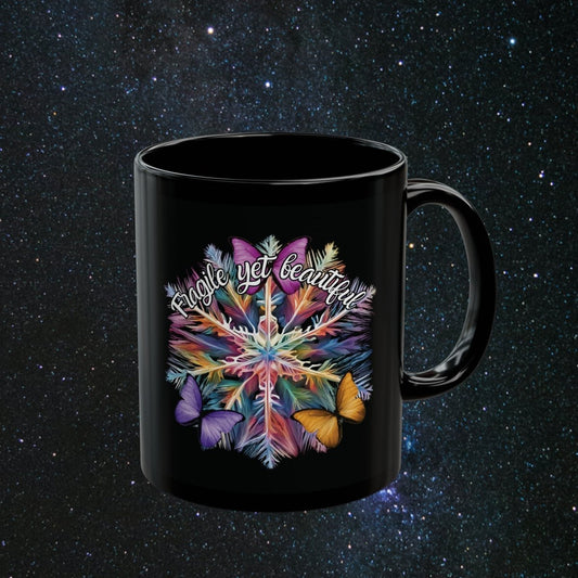 Fragile Yet Beautiful - Vibrant Snowflake Black Mug - MindLight Apparel - Fragile Yet Beautiful - Vibrant Snowflake Black Mug - 11oz - -