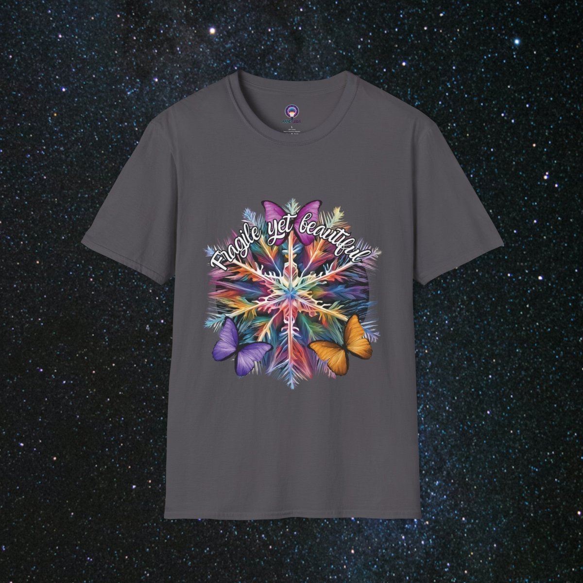 'Fragile Yet Beautiful' - Vibrant Snowflake - Women's Softstyle T-Shirt - MindLight Apparel - 'Fragile Yet Beautiful' - Vibrant Snowflake - Women's Softstyle T-Shirt - Charcoal - XS -