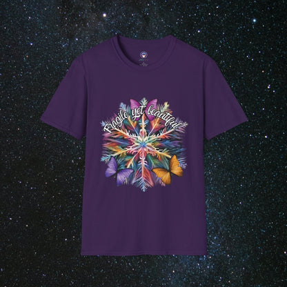 'Fragile Yet Beautiful' - Vibrant Snowflake - Women's Softstyle T-Shirt - MindLight Apparel - 'Fragile Yet Beautiful' - Vibrant Snowflake - Women's Softstyle T-Shirt - Purple - S -