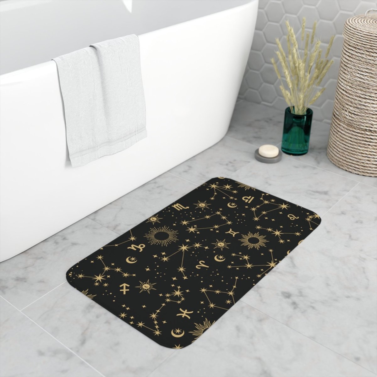Golden Zodiac Memory Foam Bath Mat - MindLight Apparel - Golden Zodiac Memory Foam Bath Mat - White - 30” x 18” -