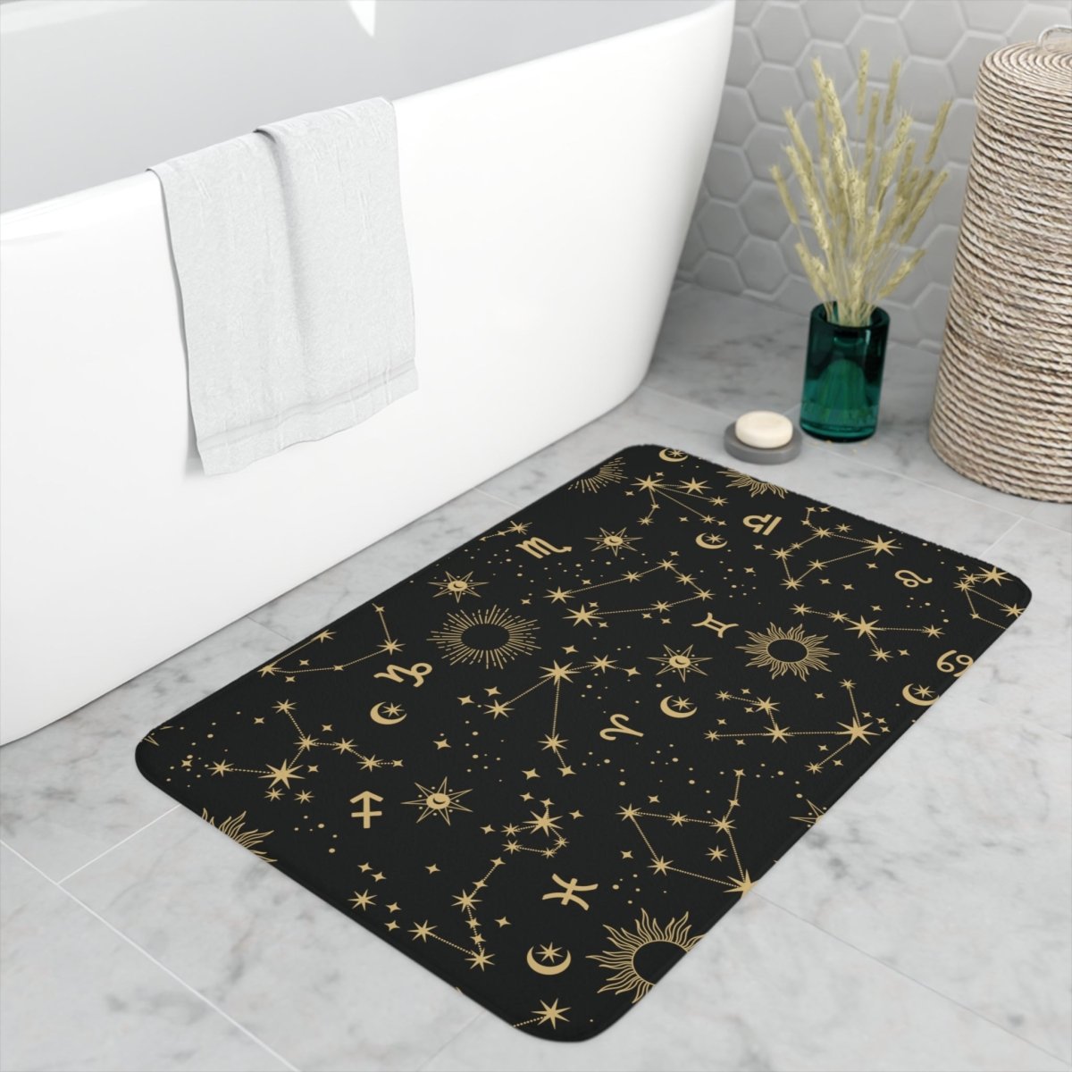 Golden Zodiac Memory Foam Bath Mat - MindLight Apparel - Golden Zodiac Memory Foam Bath Mat - White - 30” x 18” -