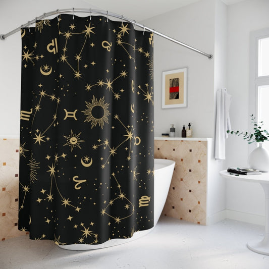 Golden Zodiac Polyester Shower Curtain - MindLight Apparel - Golden Zodiac Polyester Shower Curtain - 71" × 74" - -