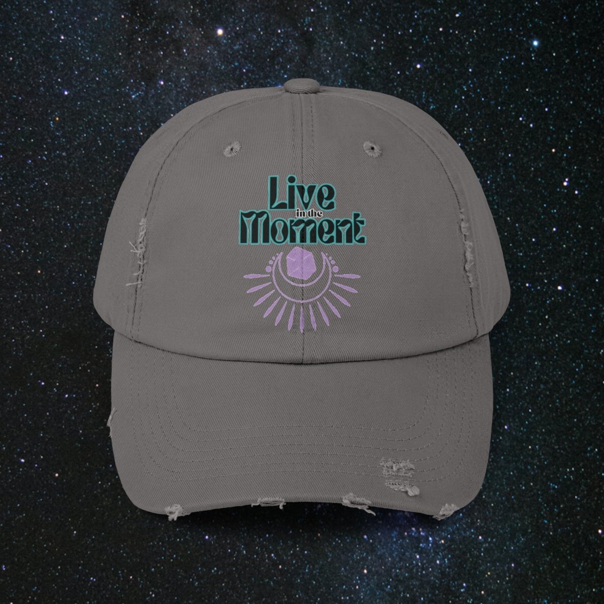 Live In The Moment Unisex Distressed Cap - MindLight Apparel - Live In The Moment Unisex Distressed Cap - Nickel - One size - 