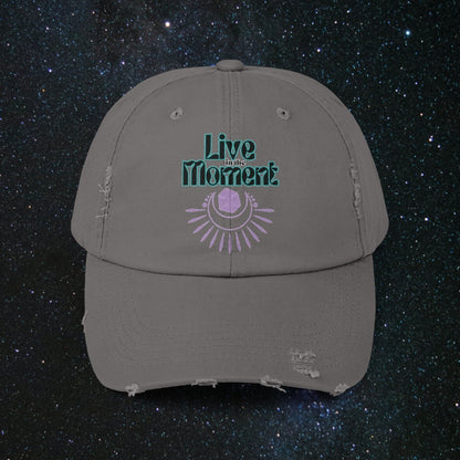 Live In The Moment Unisex Distressed Cap - MindLight Apparel - Live In The Moment Unisex Distressed Cap - Nickel - One size - 