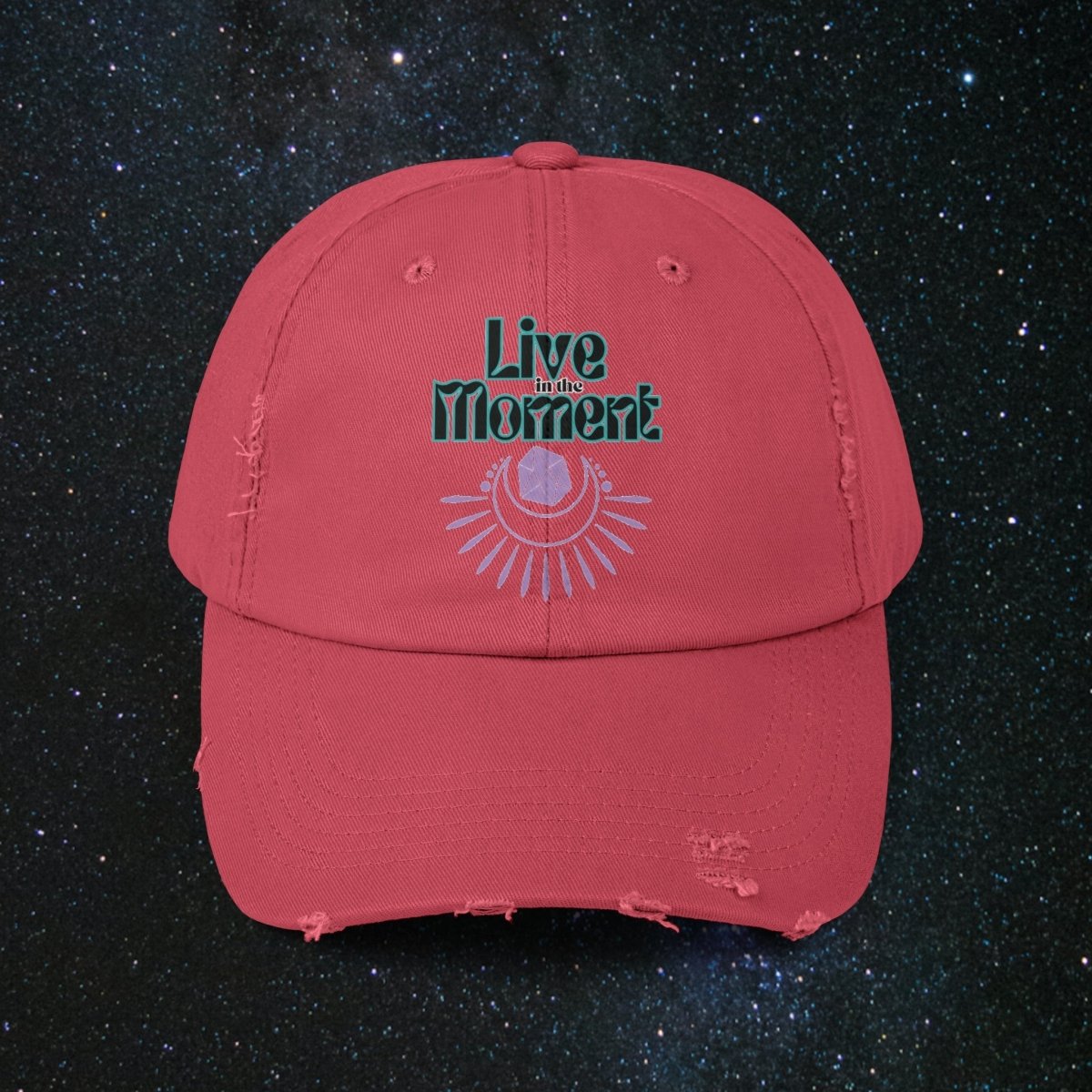 Live In The Moment Unisex Distressed Cap - MindLight Apparel - Live In The Moment Unisex Distressed Cap - Dashing Red - One size - 