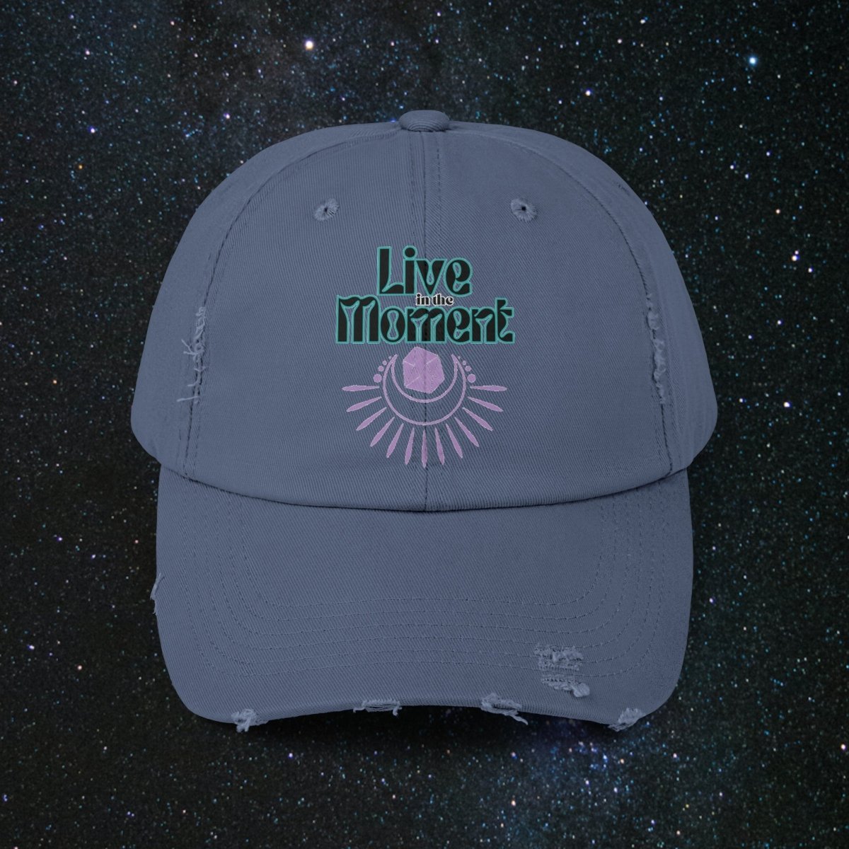 Live In The Moment Unisex Distressed Cap - MindLight Apparel - Live In The Moment Unisex Distressed Cap - Scotland Blue - One size - 