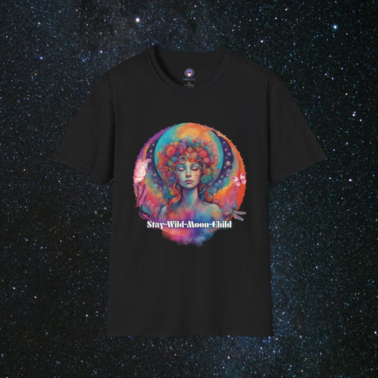 Stay Wild Moon Child Women's Softstyle T-Shirt - MindLight Apparel - Stay Wild Moon Child Women's Softstyle T-Shirt - Black - XS -
